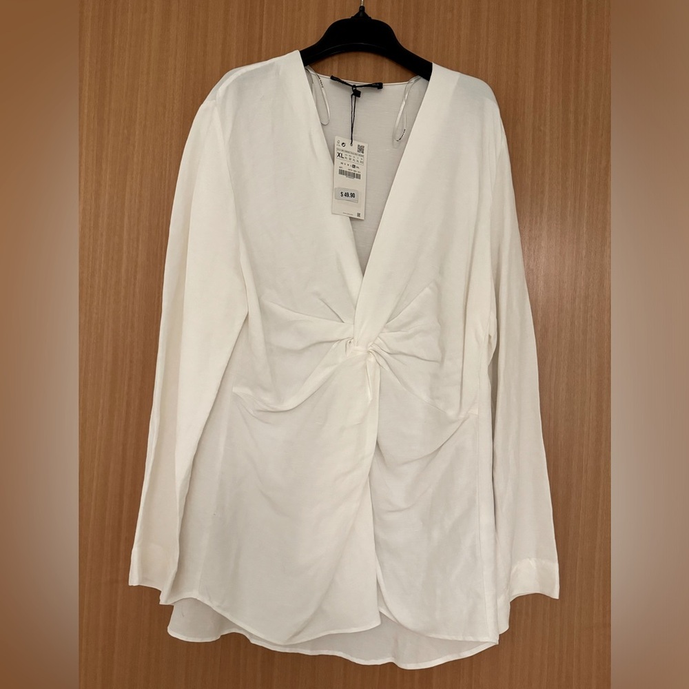 NWT Zara White Linen/Viscose Front Twist Blouse